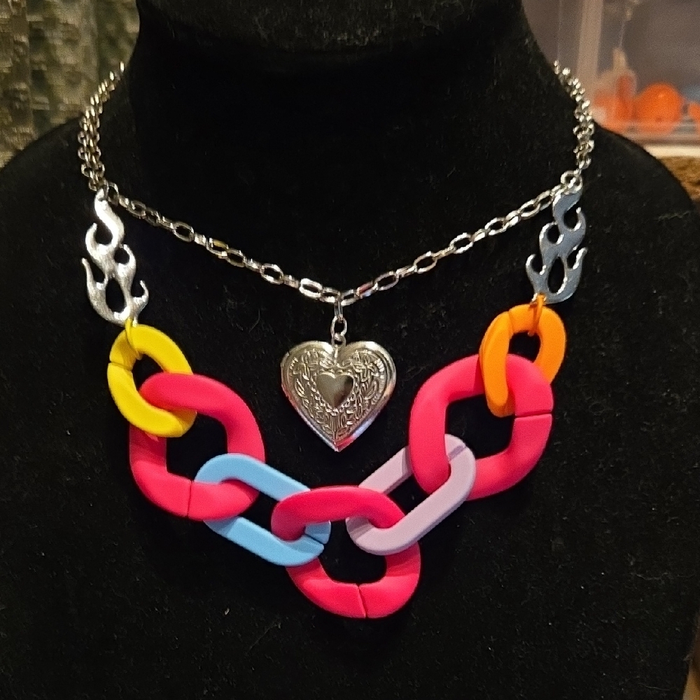 Colorful Chain Necklace with Heart Locket